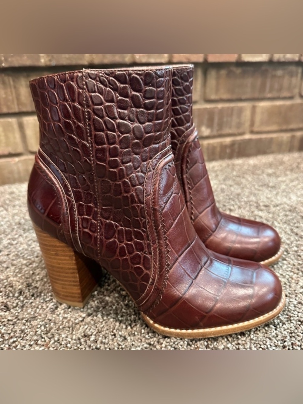 Oroton Croc Embossed Leather Ankle Boots Burgundy 35